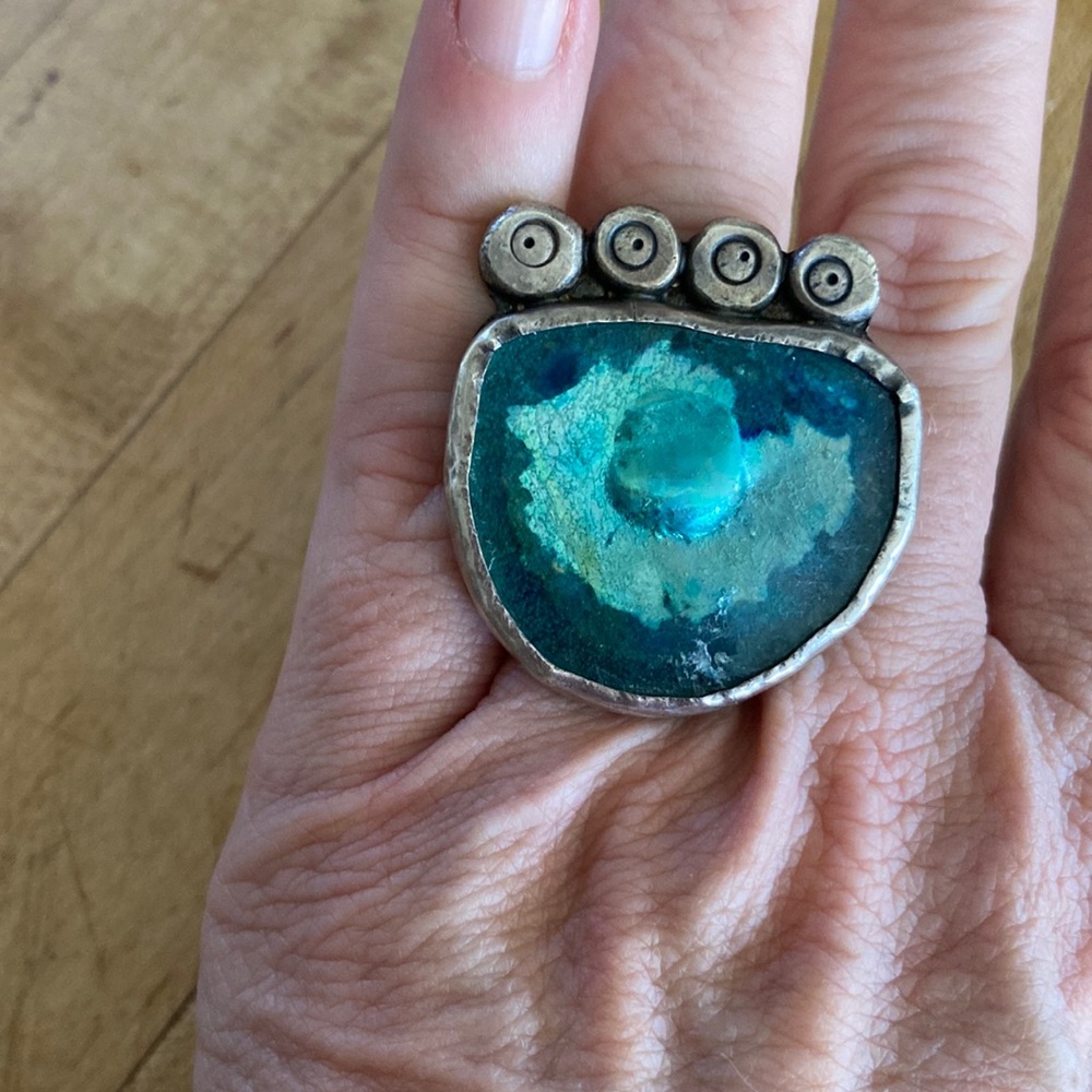 Wearable Art Ring Silver look Abstract Statement Glass